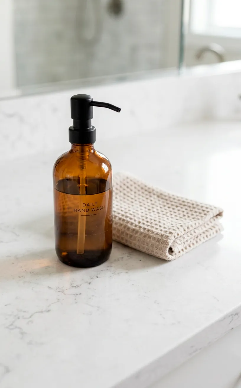 Decluttered minimalist bathroom countertop with an amber glass soap dispenser and linen towel.