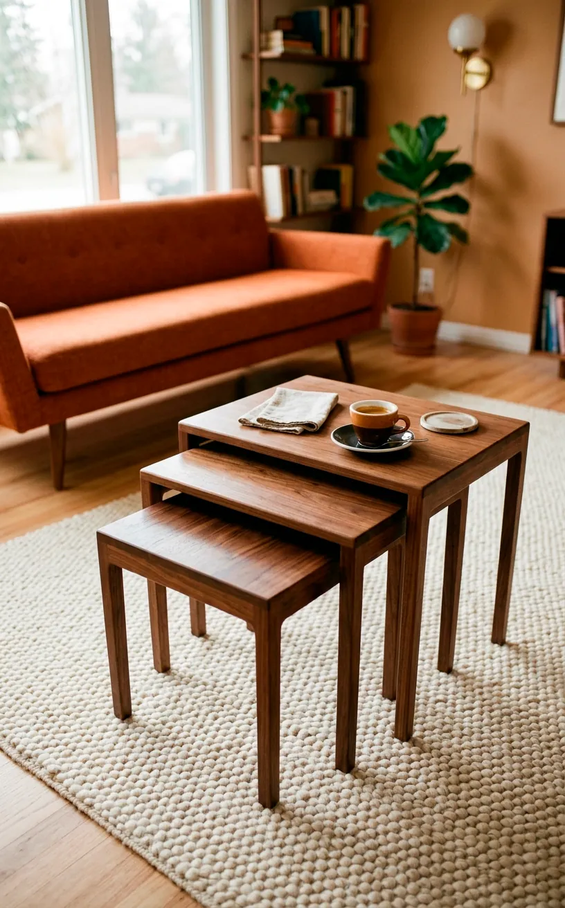 Three geometric walnut mid-century nesting tables partially separated on a textured rug.