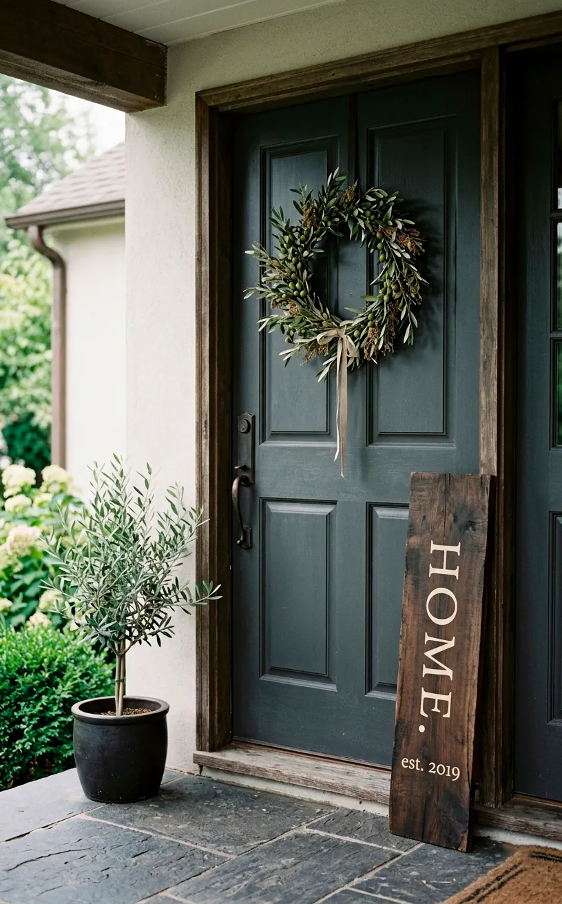 Minimalist wooden entryway sign resting next to an olive branch wreath on a softly lit front porch