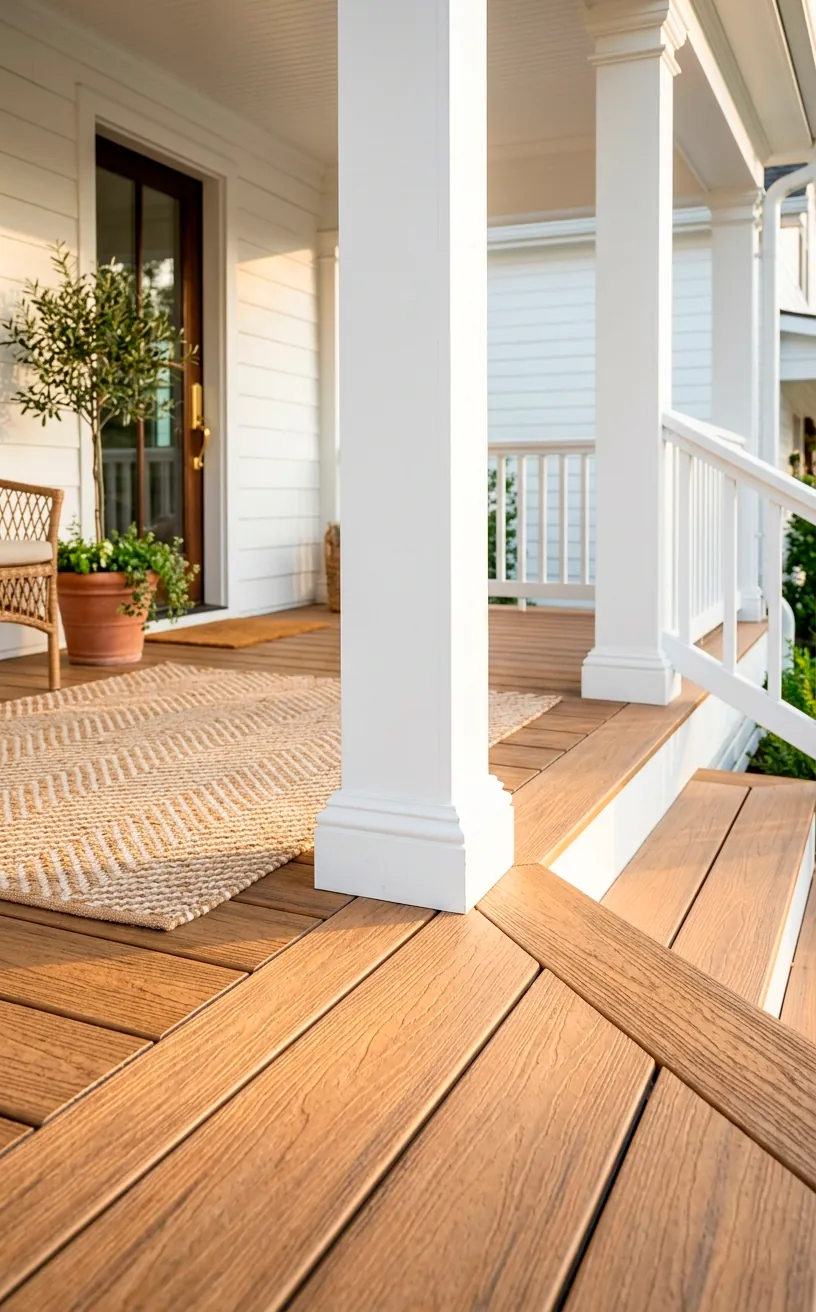 Close-up of warm wide plank decking contrasting against crisp white columns on a modern wrap-around porch.