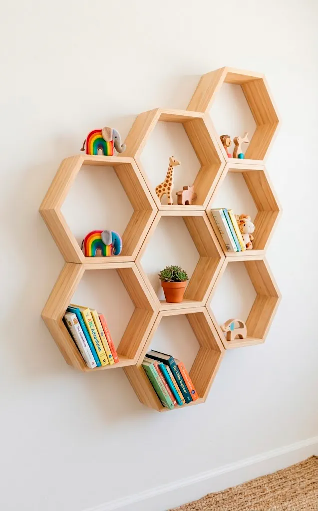 Natural wood honeycomb shelves on a white wall in a modern children's room.