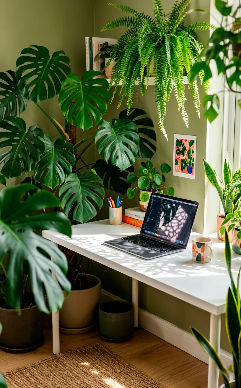 Vertical view of a home office desk surrounded by cooling green indoor plants and soft sunlight.
