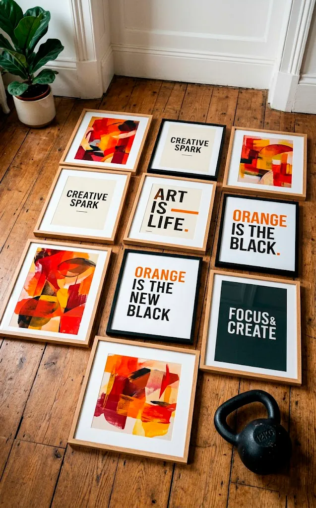 Abstract red and orange art prints laid out on a wooden floor next to a kettlebell.