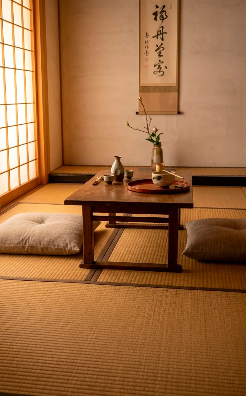 Low-profile Japandi dining setup with floor cushions and a short wooden table.