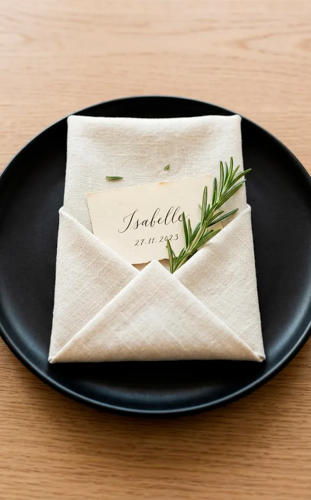Minimalist envelope napkin fold with a name card and rosemary on a matte black plate.