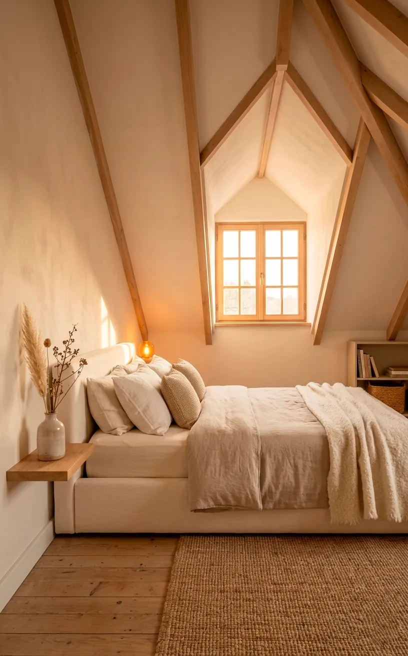 Low profile cream platform bed underneath a sloped attic ceiling.