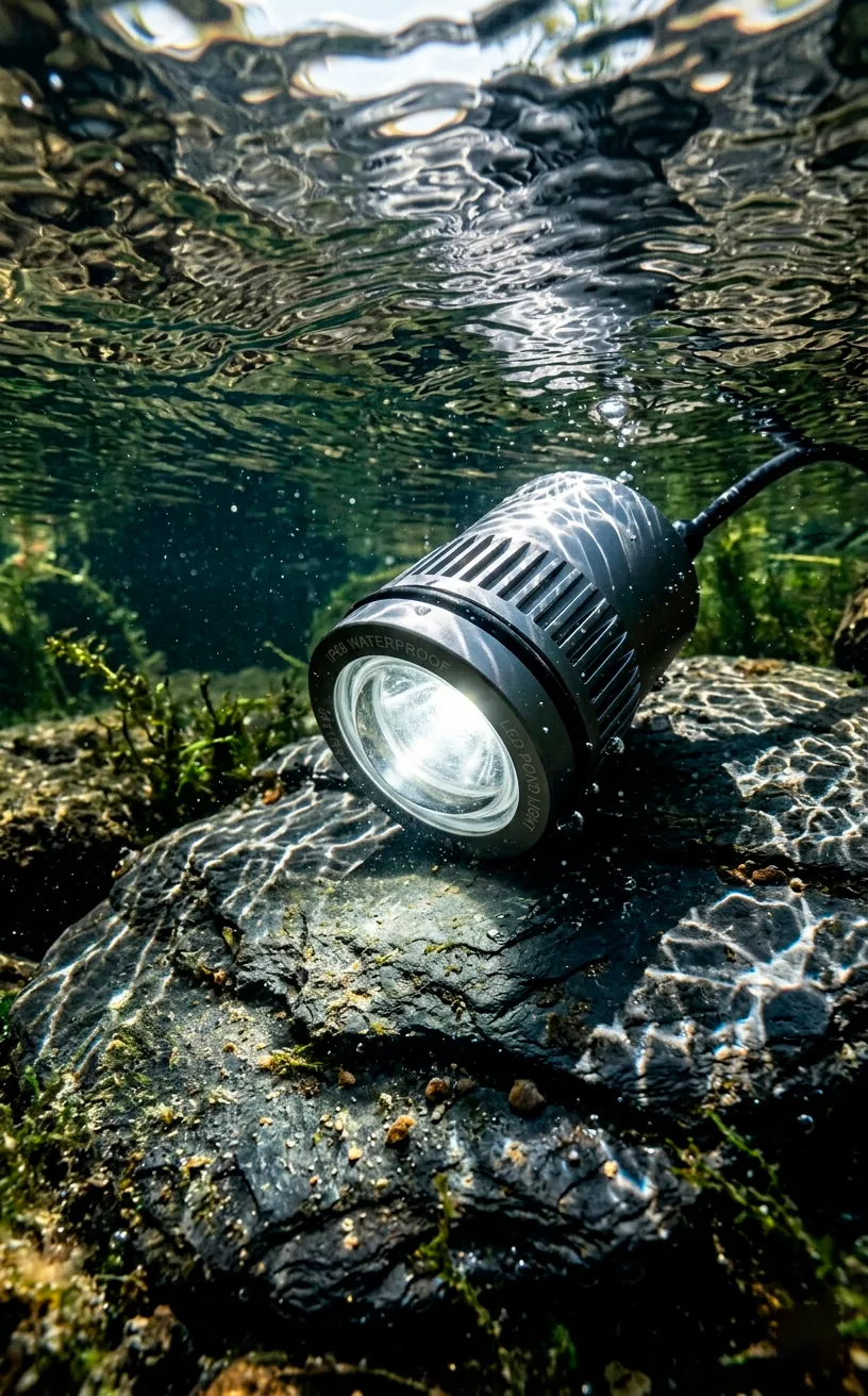 IP68 waterproof LED pond light fixture glowing brightly underwater on a slate rock