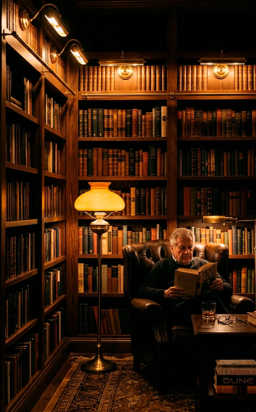 Moody home library with warm brass picture lights and a glowing floor lamp.