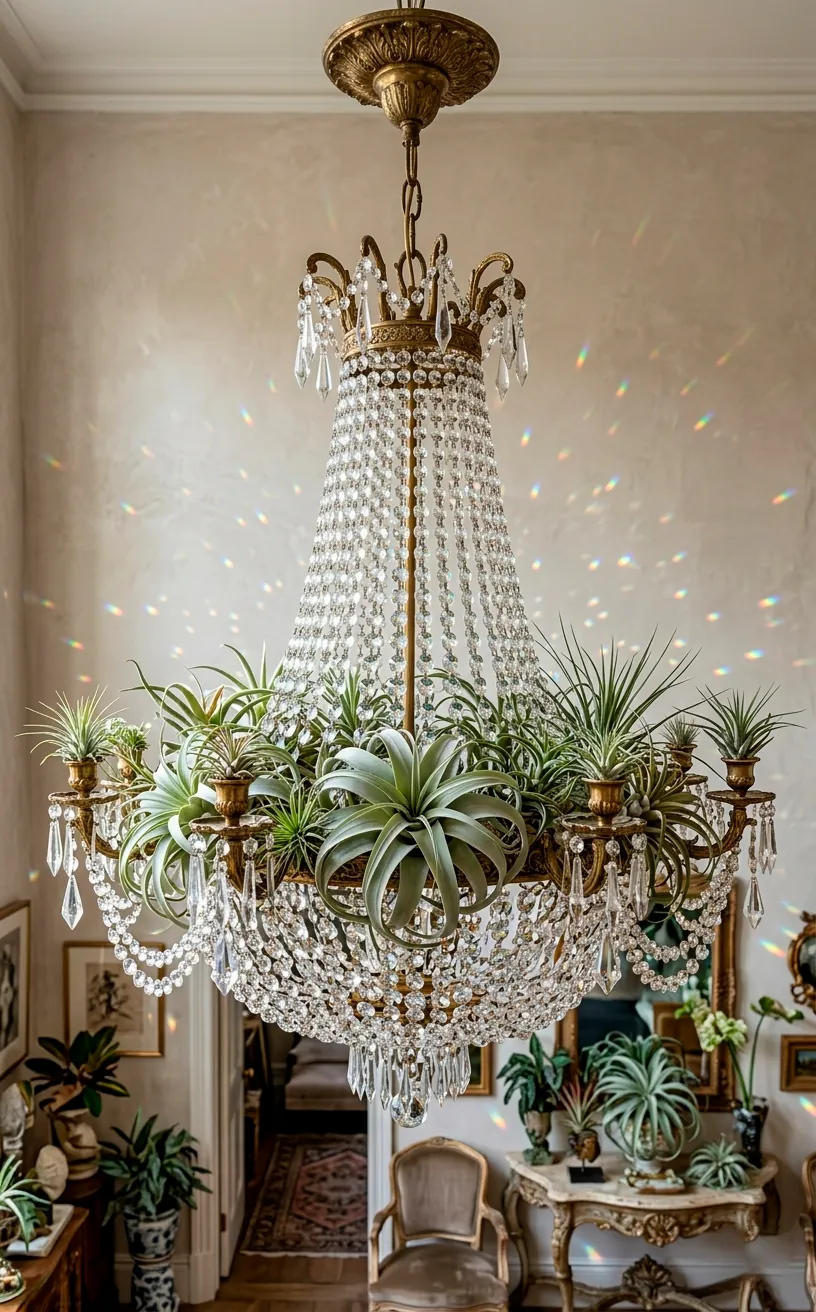 Antique crystal chandelier repurposed as a vertical air plant display hanging from a high ceiling.