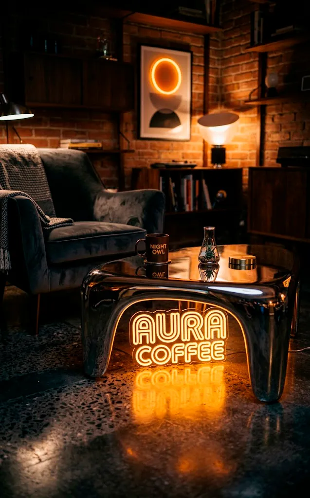 Liquid chrome coffee table with warm amber neon lighting in a moody retro future den.
