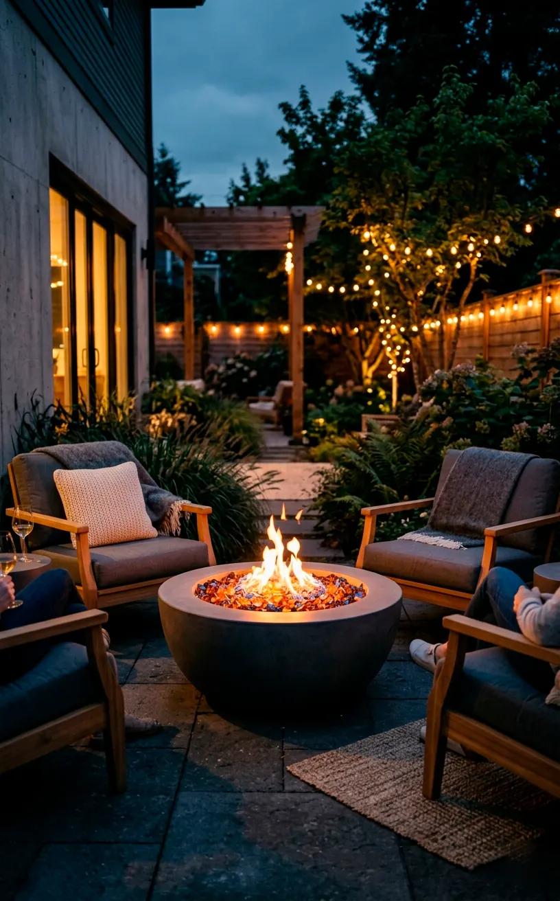 Minimalist round concrete fire bowl glowing on a backyard patio at dusk.