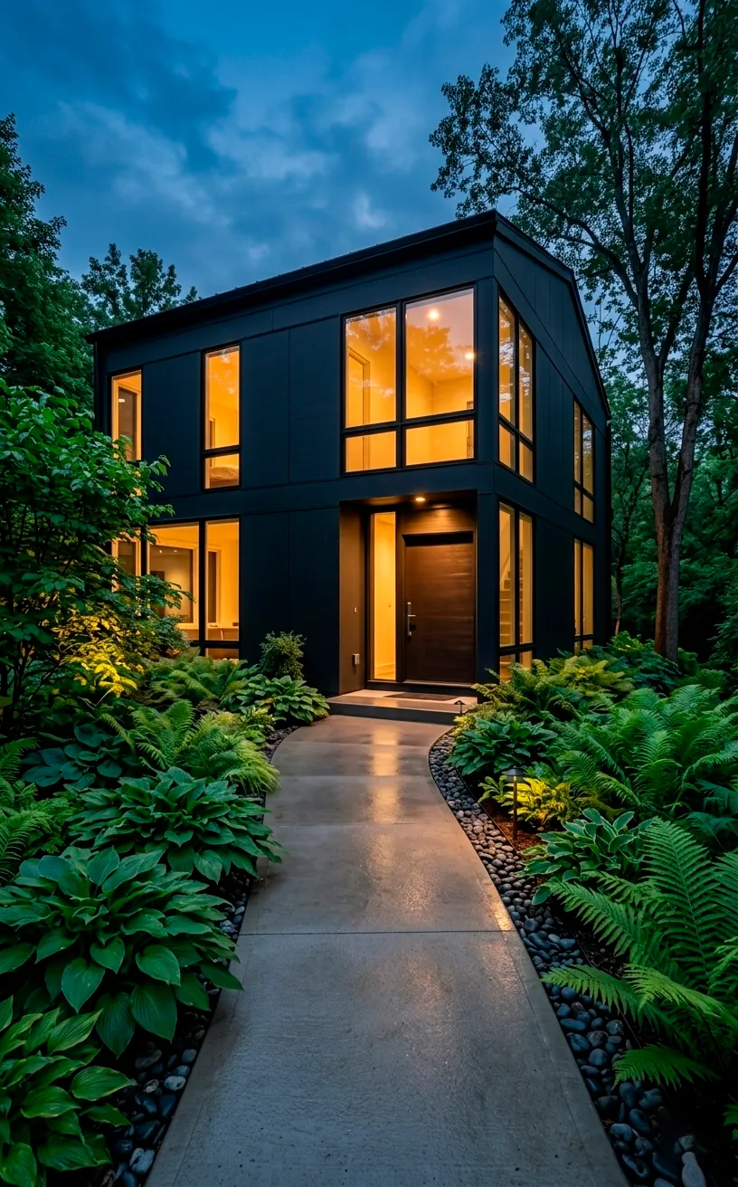 Matte black house siding surrounded by green garden plants and warm window lights.