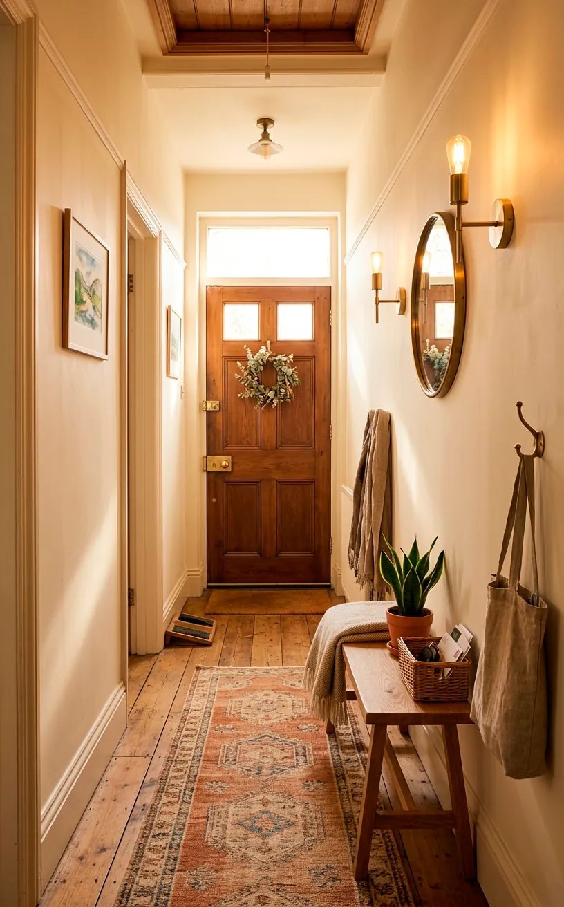 Benjamin Moore Simply White entryway featuring an oak bench, brass sconces, and warm sunlight.