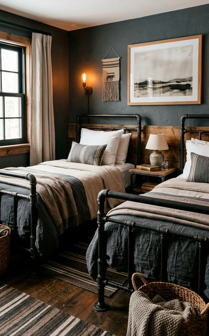 Industrial twin beds constructed from dark iron pipes in a moody bedroom setting.