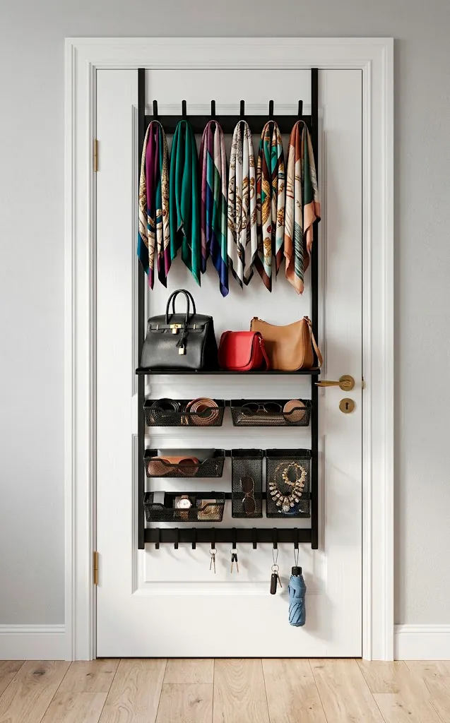 Matte black over-the-door modular storage rack with handbags and accessories in a modern room.