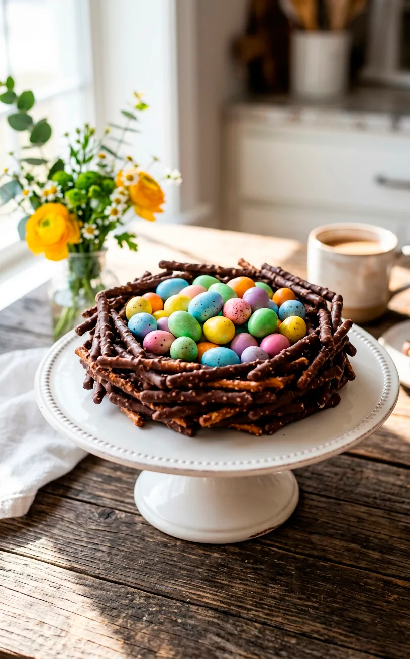 Edible centerpiece nest made of chocolate pretzels holding candy eggs on a cake stand.