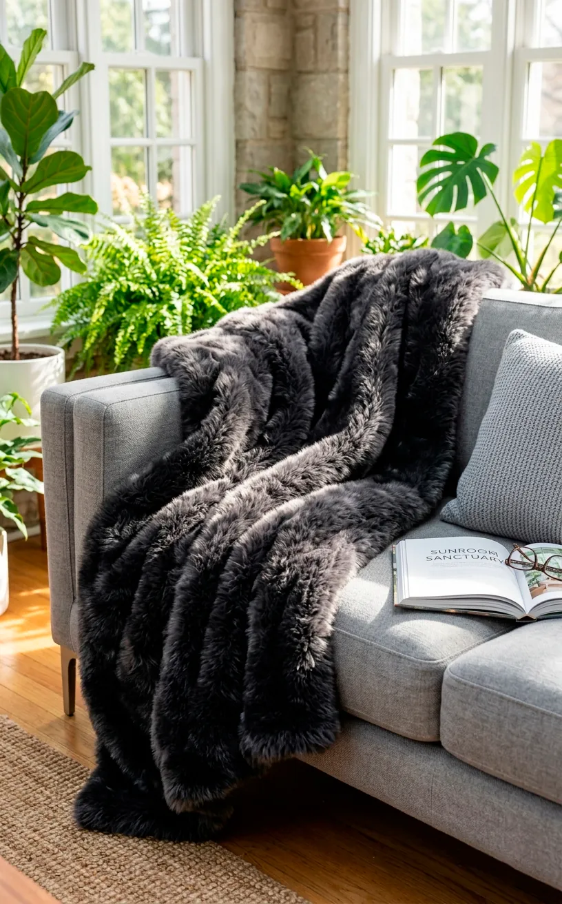 Charcoal faux fur throw blanket draped over a dove gray sofa.