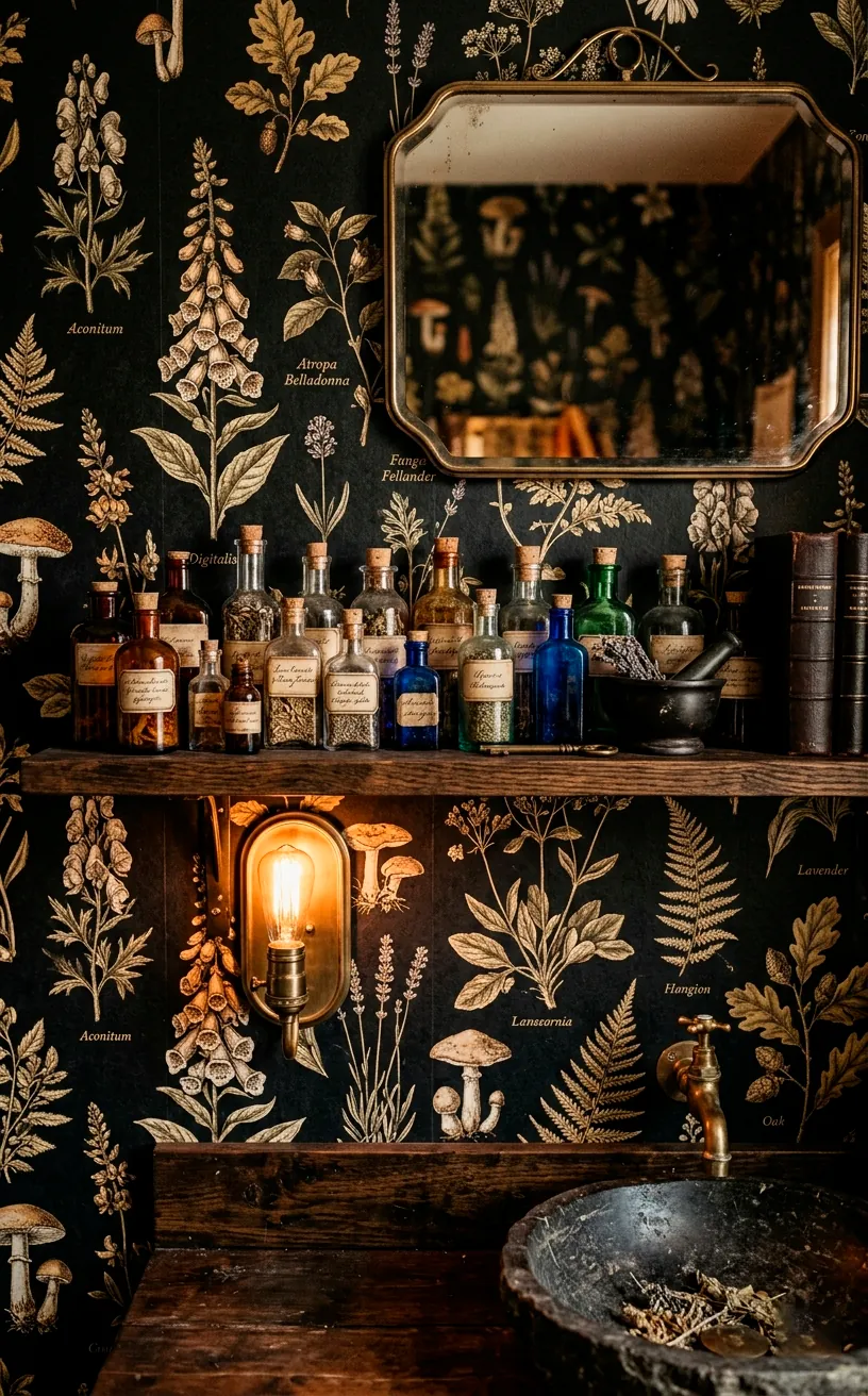 Vintage apothecary herb wallpaper in a dark academia style bathroom