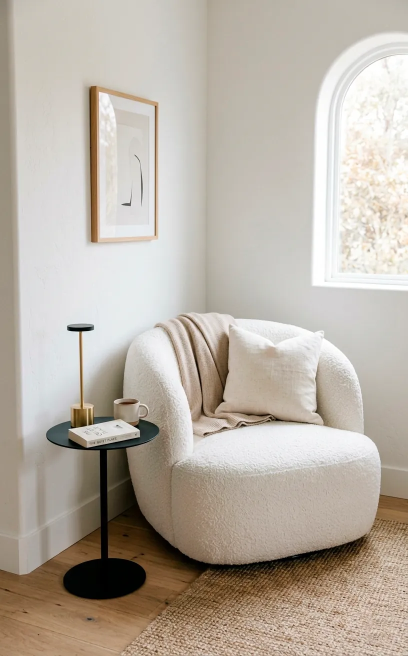Comfortable white boucle lounge chair with a tiny metal pedestal table and cordless reading lamp.