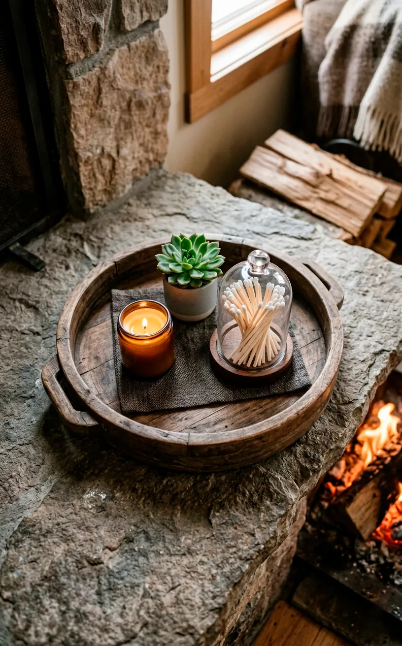 A rustic wooden tray holding a small candle and succulent, sitting cleanly on a hearth stone.
