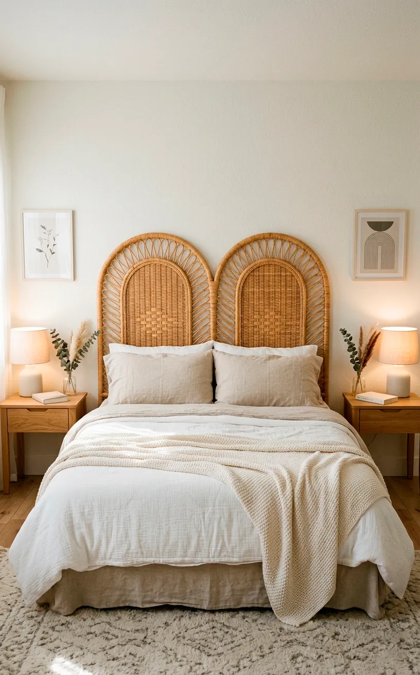 Symmetrical double-arch woven rattan headboard framing two sleeping pillows in a serene Scandi bedroom