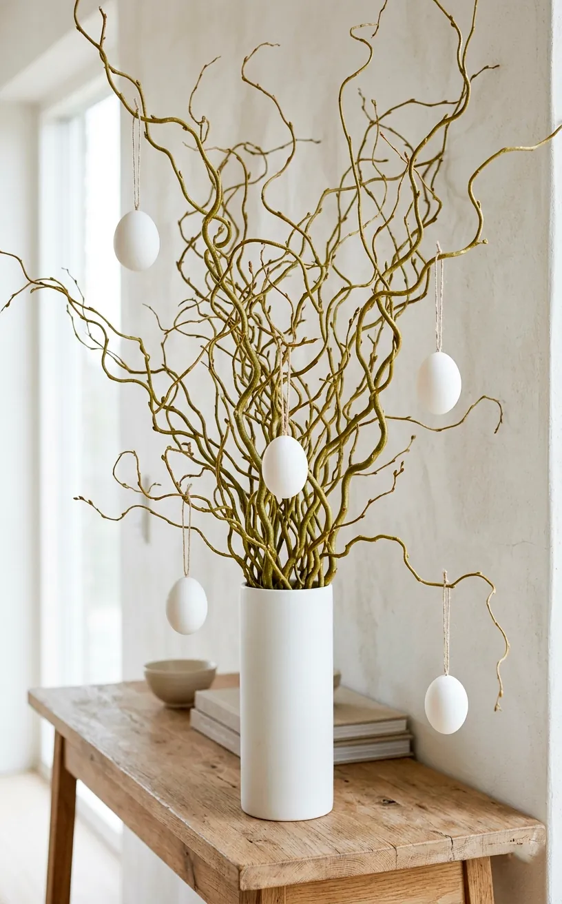 Tall white cylinder vase with spiraling corkscrew willow branches and minimal white eggs.