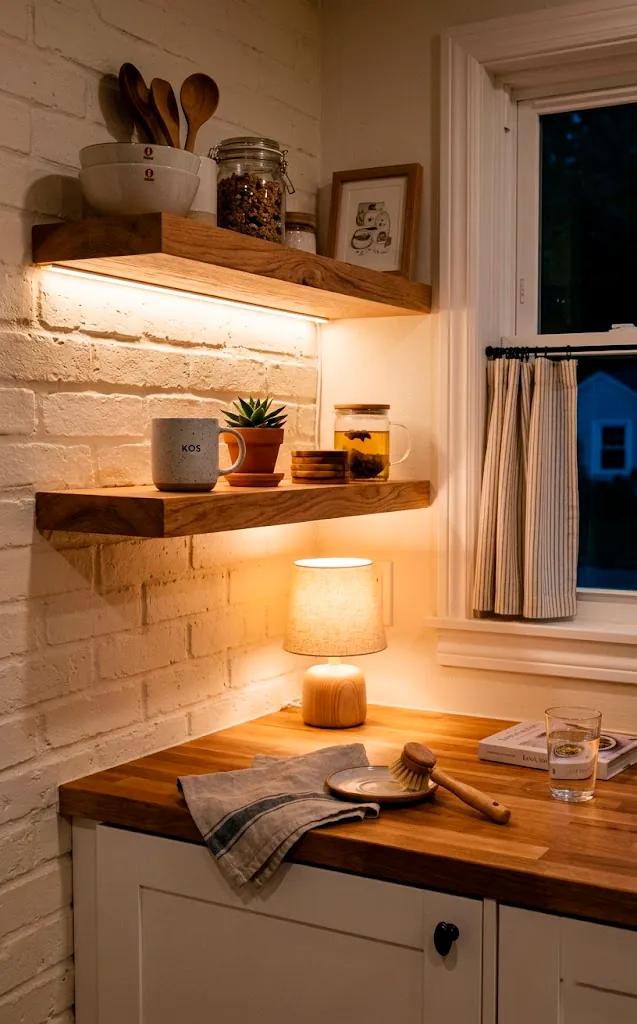 Warm LED strip lighting under an oak kitchen shelf.