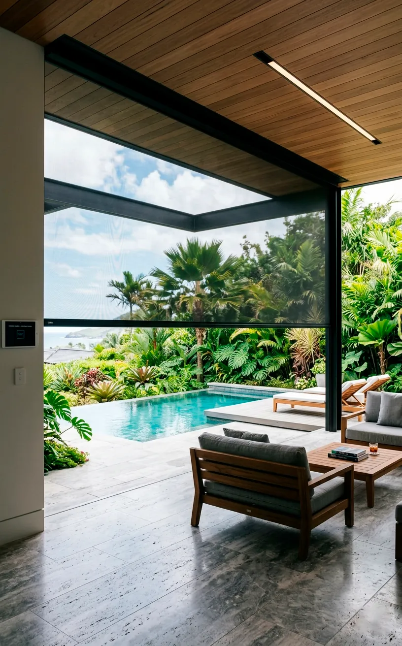 Motorized retractable phantom screen descending at the edge of a luxury covered patio.