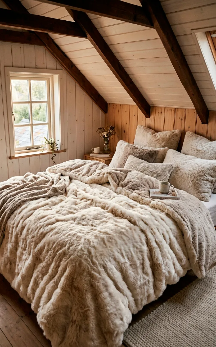 A bed completely enveloped in a thick, double-sided faux fur duvet cover in an attic room