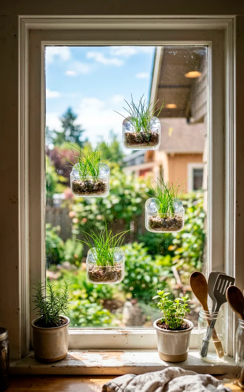 Clear acrylic suction cup self watering window planters with fresh chives.