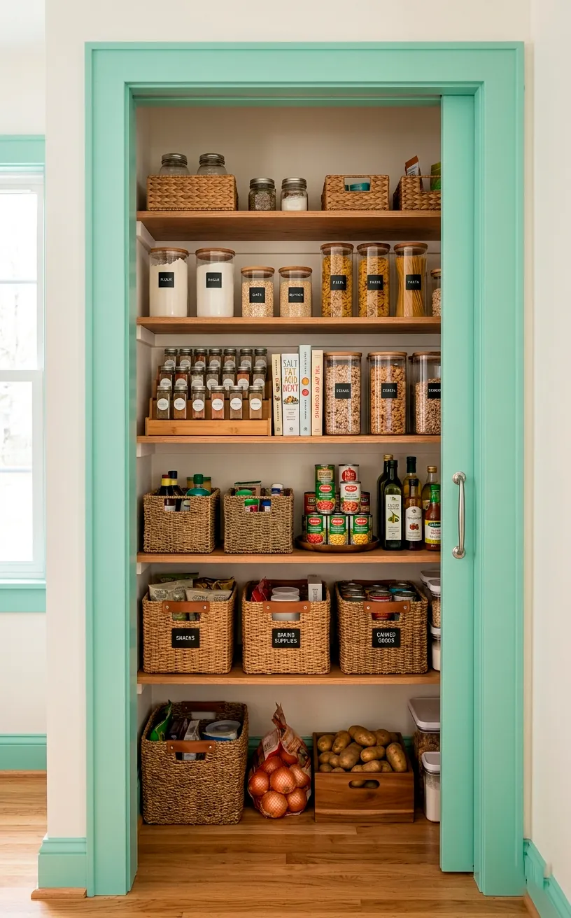 Open pantry doorway featuring freshly painted mint green interior trim beautifully framing the organized shelves inside.