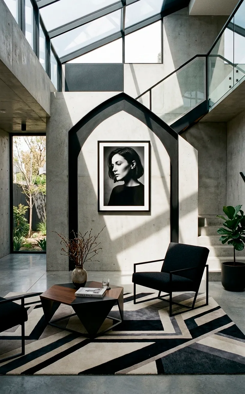 Black and white portrait framed by architectural shadows in a modern room.