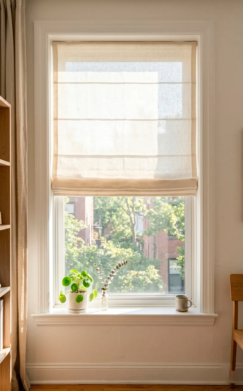 Bright studio window featuring clean natural linen roman shades in soft ivory