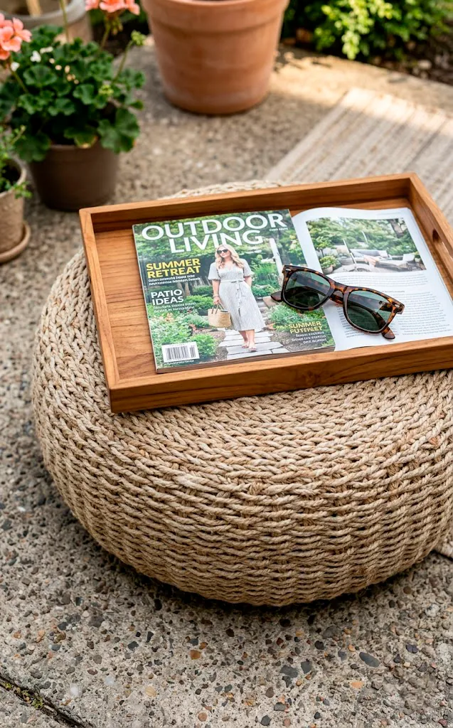 A woven outdoor pouf on a concrete patio serving as a table with a wooden tray on top.