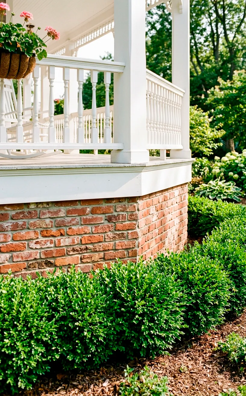 Weathered vintage red brick skirting providing a gorgeous foundation for a pristine white wrap-around porch.