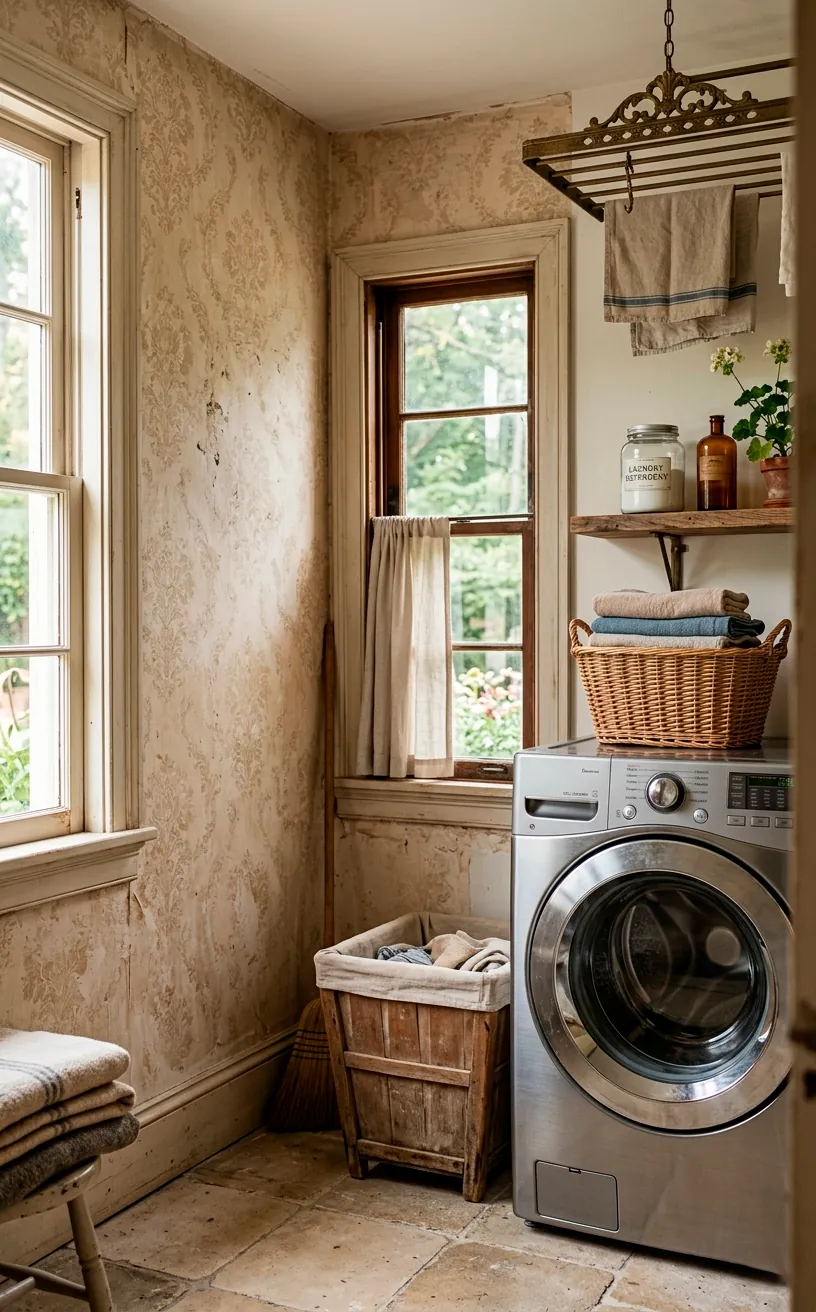 Laundry room corner showcasing faded vintage damask wallpaper in muted beige behind a silver washer
