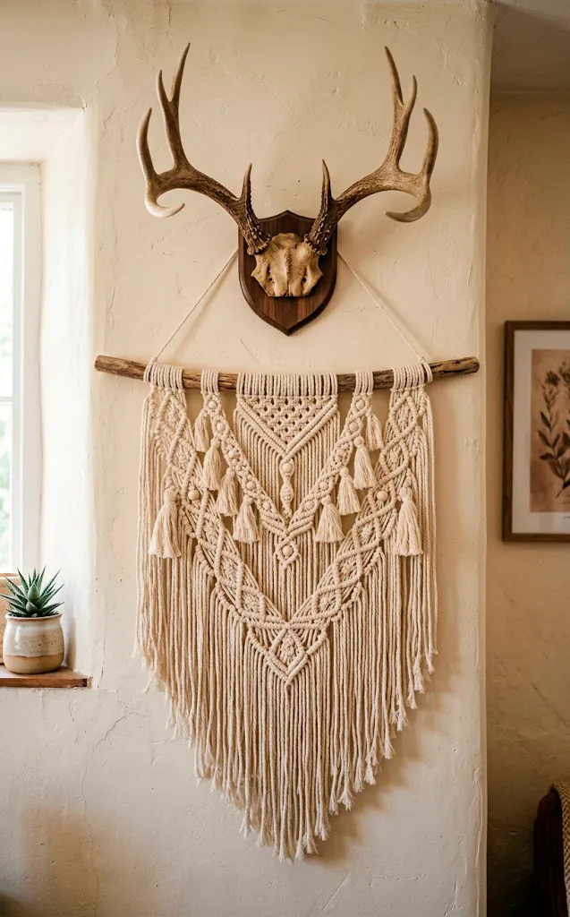 Faux deer antler mounted above woven macrame wall art