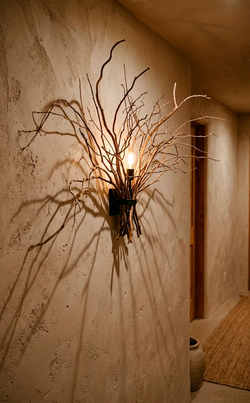 Wall light fixture enhanced with a backdrop of wild twigs casting shadows.