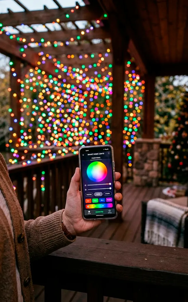 Person holding a smartphone to control smart RGB Christmas lights on a porch