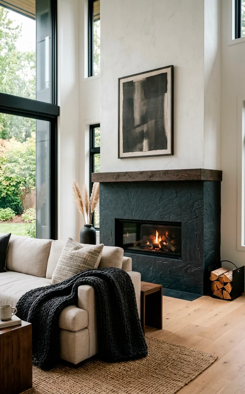 Charcoal slate fireplace surround and a chunky charcoal knit blanket on a sofa.