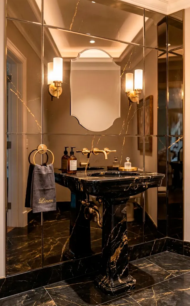 Gold-veined mirror slabs behind a luxury pedestal sink in a powder room