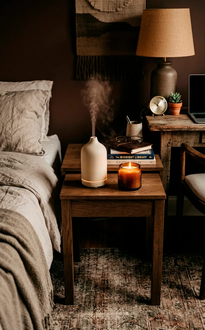 Ceramic essential oil diffuser and a lit vanilla candle on an elegant desk