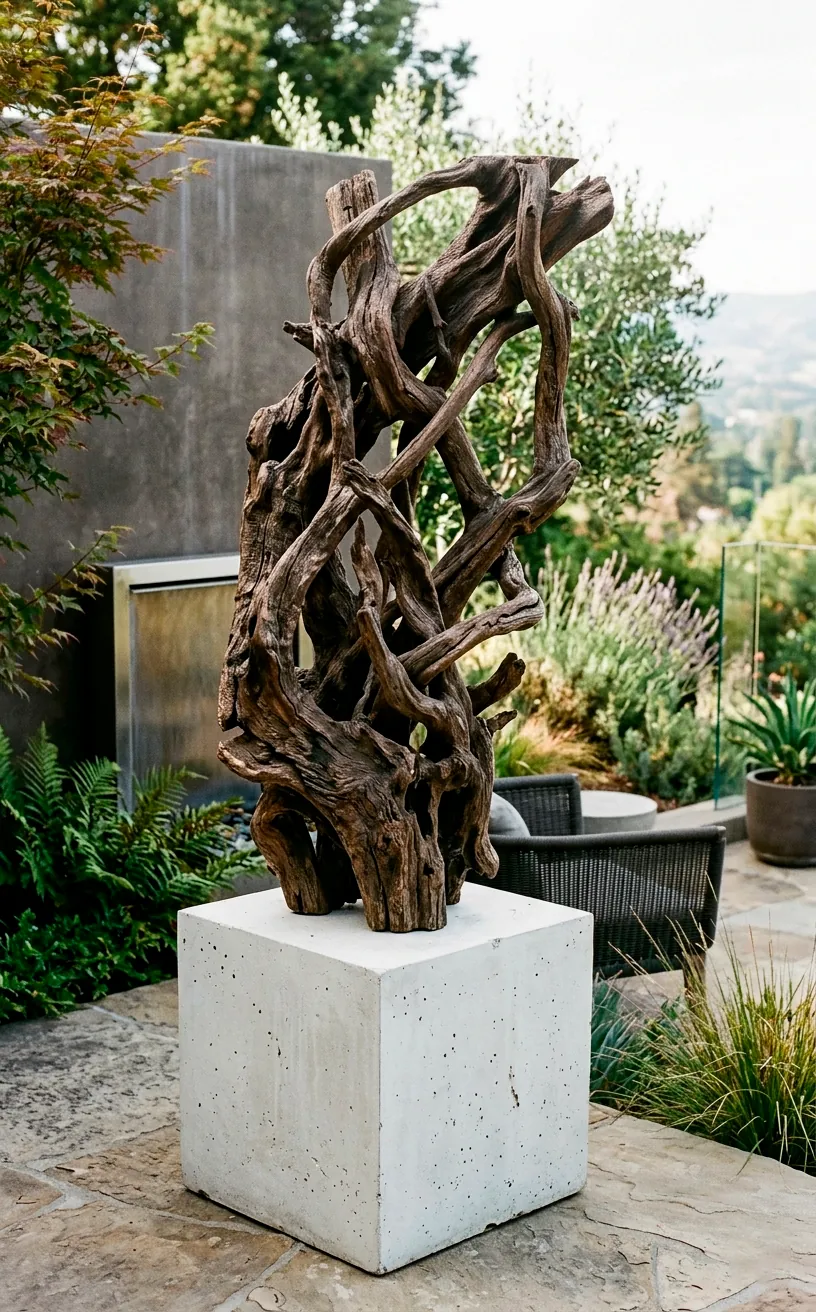 Weathered teak root sculpture on a white pedestal in an outdoor patio.