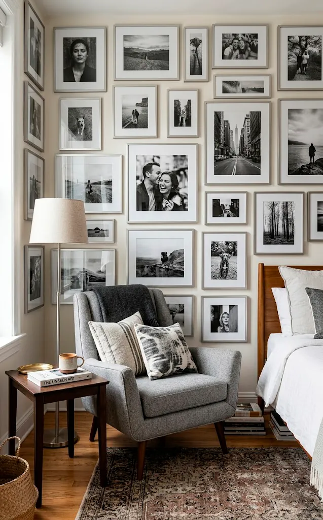 Grey seating framed by a gallery wall of black and white art in silver frames