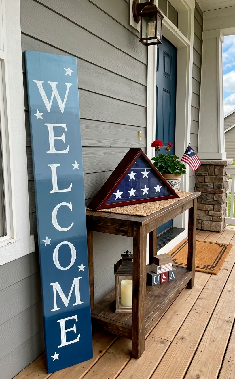 Tall porch board painted in blue gradient shades next to a folded American flag in a dark wood display box