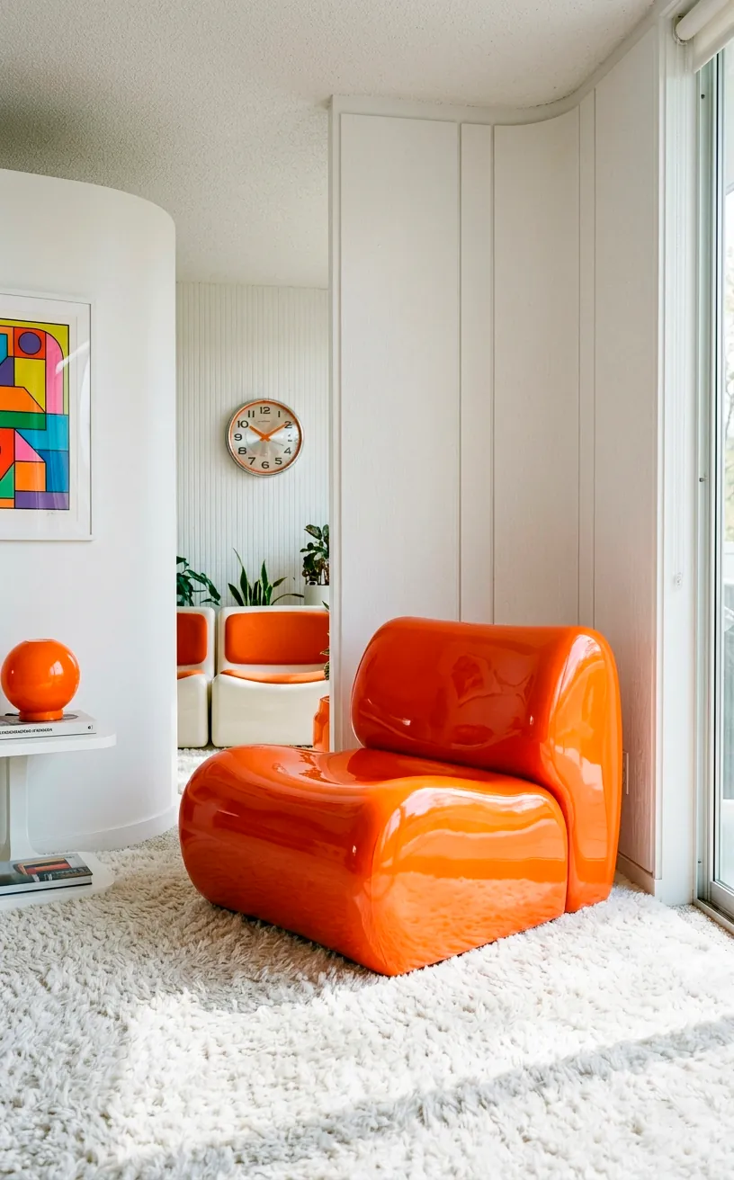 Glossy orange polyethylene space age lounge chair on a white shag rug.