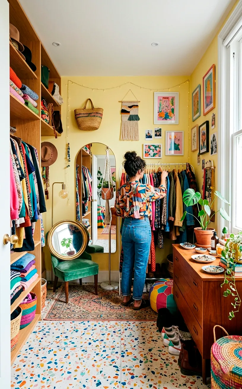 Eclectic dressing room showcasing pale lemon walls and speckled terrazzo flooring