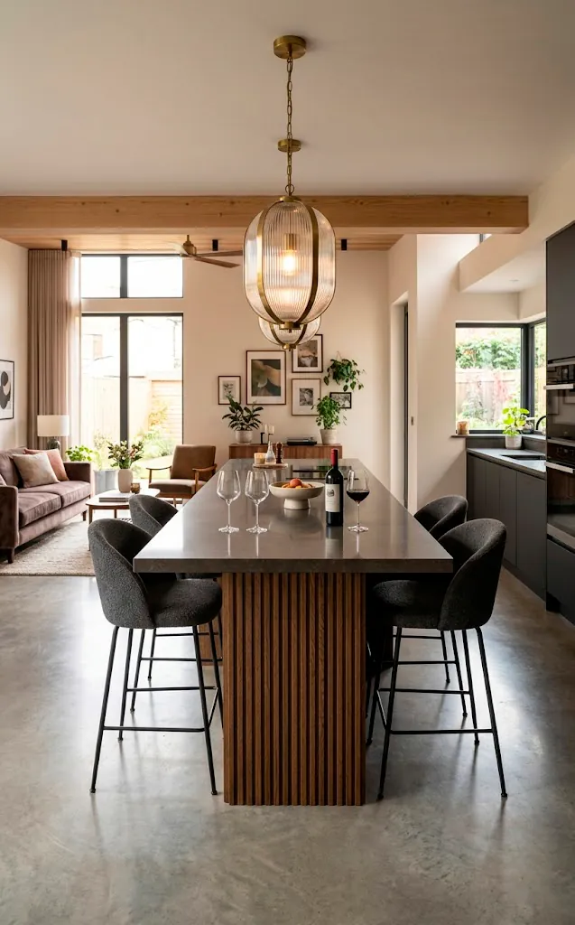Freestanding home bar island with dark quartz top and fluted wood base