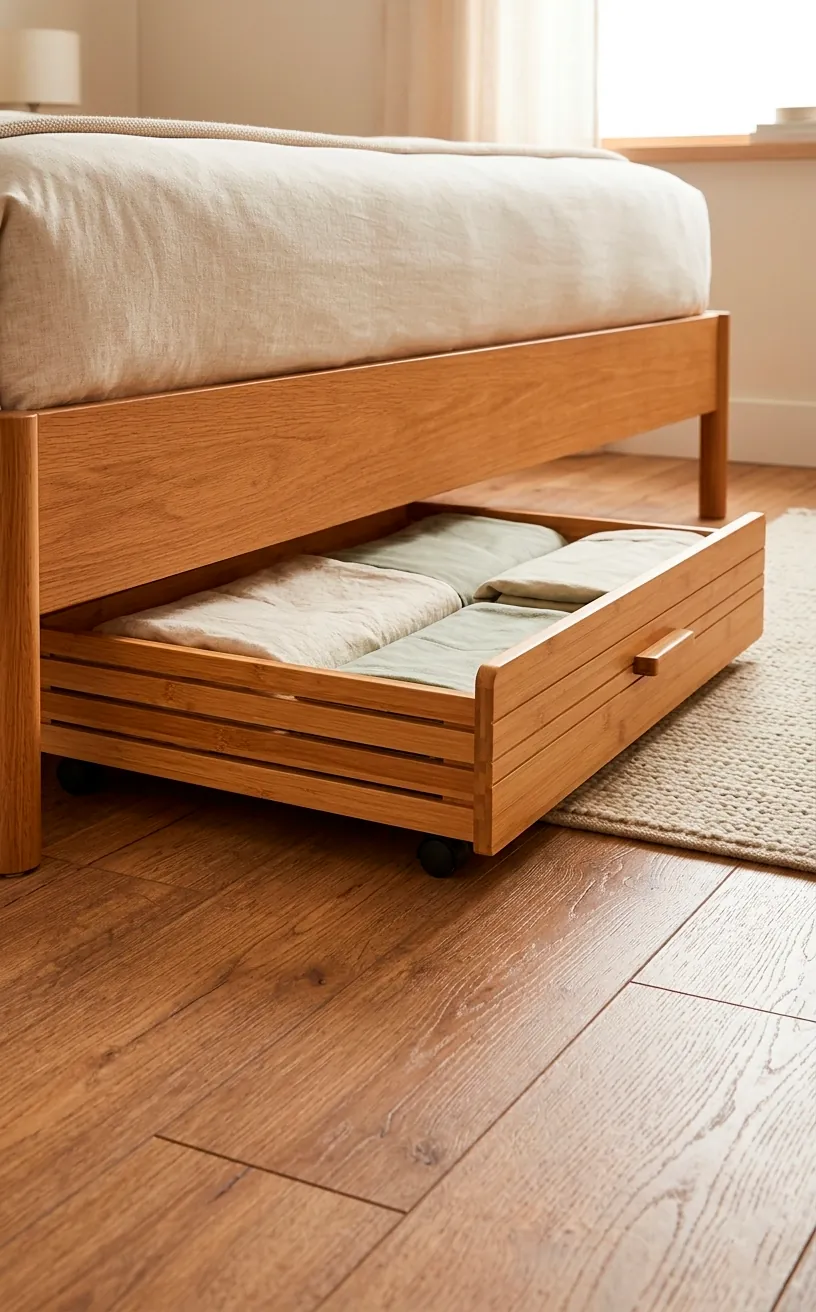 Bamboo under bed storage box with wheels rolling out from beneath a modern wooden bed frame.