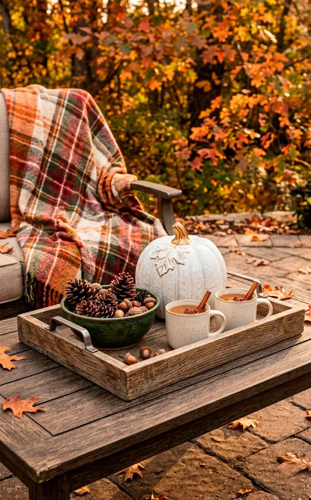 Autumn-themed outdoor coffee table decor with pumpkins and cider mugs.